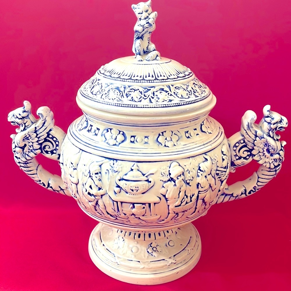 VTG ASIAN POTTERY COVERED URN w/GNOMES and FLYING DRAGON HANDLES - P1036